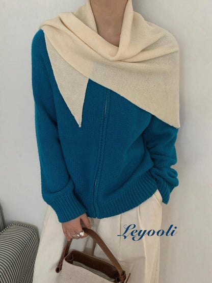 Cream White Wool Knit Triangle Scarf - Soft Ribbed Shawl Wrap