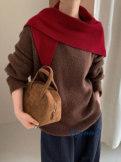 Wine Red 100% Wool Knit Triangle Scarf, Elegant Ribbed Wrap, Classic Winter Shawl