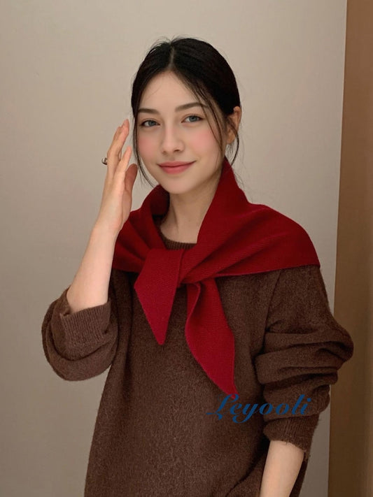 Wine Red 100% Wool Knit Triangle Scarf, Elegant Ribbed Wrap, Classic Winter Shawl