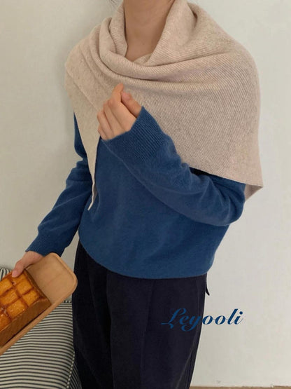 Beige 100% Wool Triangle Scarf, Soft Knit Shawl, Minimalist Neutral Winter Wrap