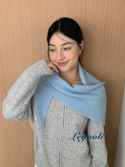 Sky Blue 100% Wool Triangle Scarf, Soft Knit Wrap, Cozy Minimalist Shawl Gift