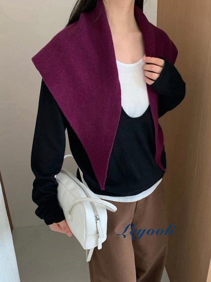 Deep Grape Wool Triangle Scarf: Ribbed Knit Winter Shawl