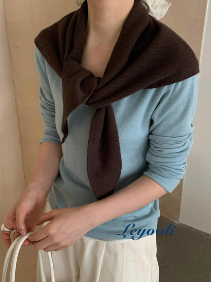 Chestnut Brown 100% Wool Knit Triangle Scarf, Warm Ribbed Shawl, Handmade Cozy Wrap