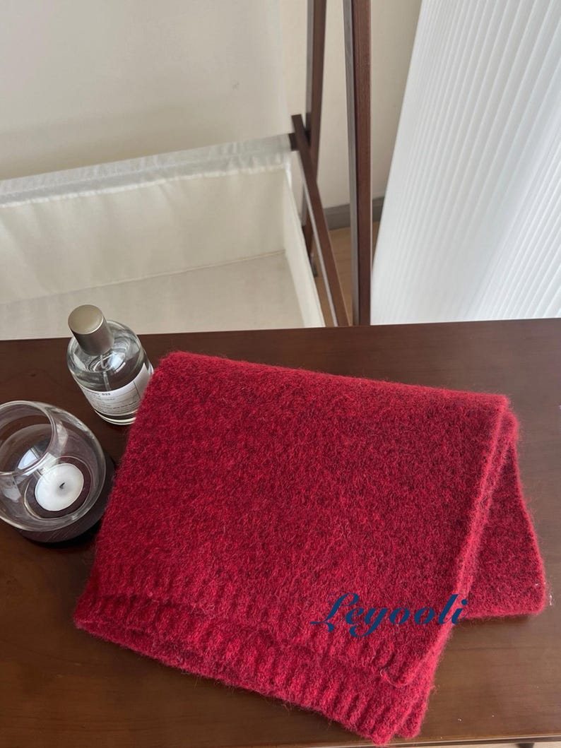 Berry Red Wool Blend Knit Scarf: Handmade Winter Shawl