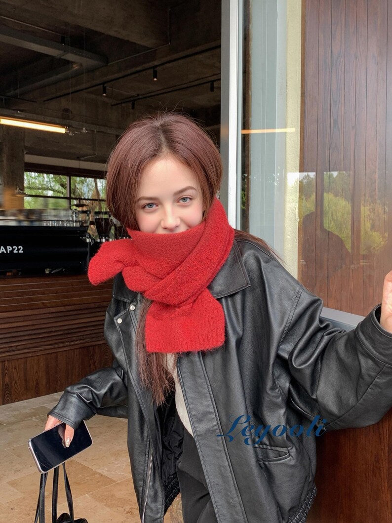 Berry Red Wool Blend Knit Scarf: Handmade Winter Shawl