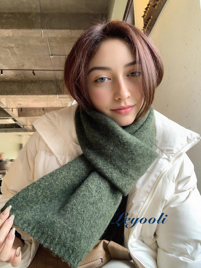 Handmade Forest Green Wool Blend Scarf: Cozy Knit Shawl