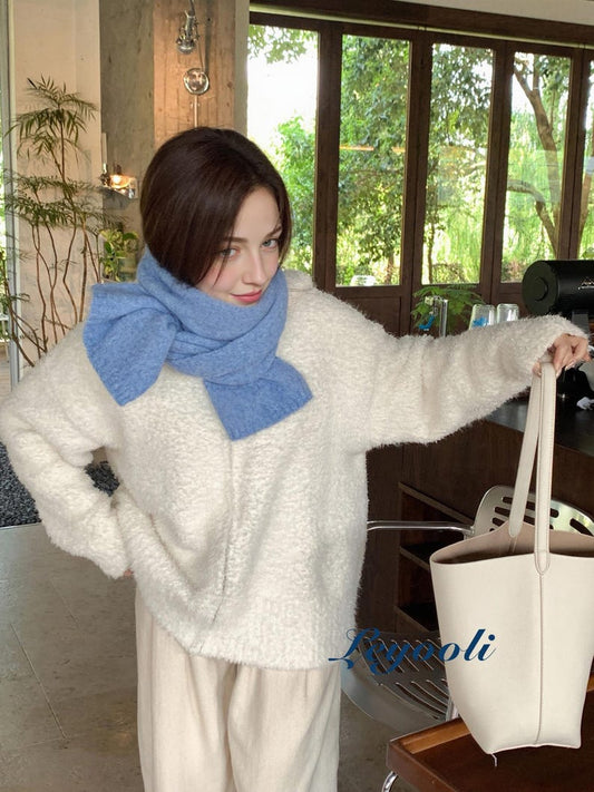 Handmade Sky Blue Wool Blend Knit Scarf: Fluffy Winter Shawl