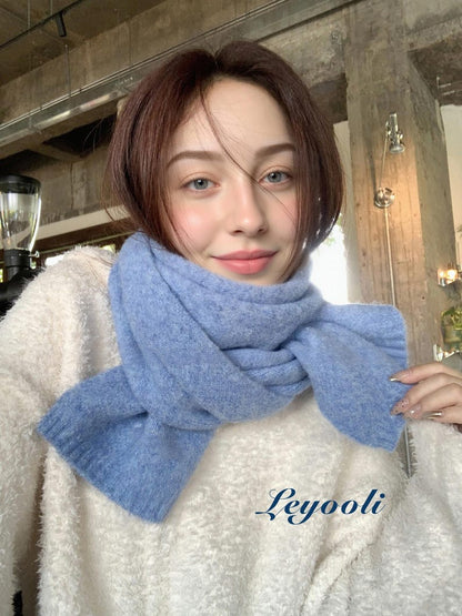 Handmade Sky Blue Wool Blend Knit Scarf: Fluffy Winter Shawl