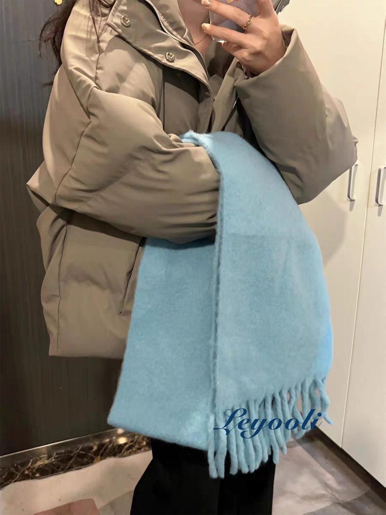 Sky Blue Wool Blend Scarf: Handmade Knit Winter Shawl