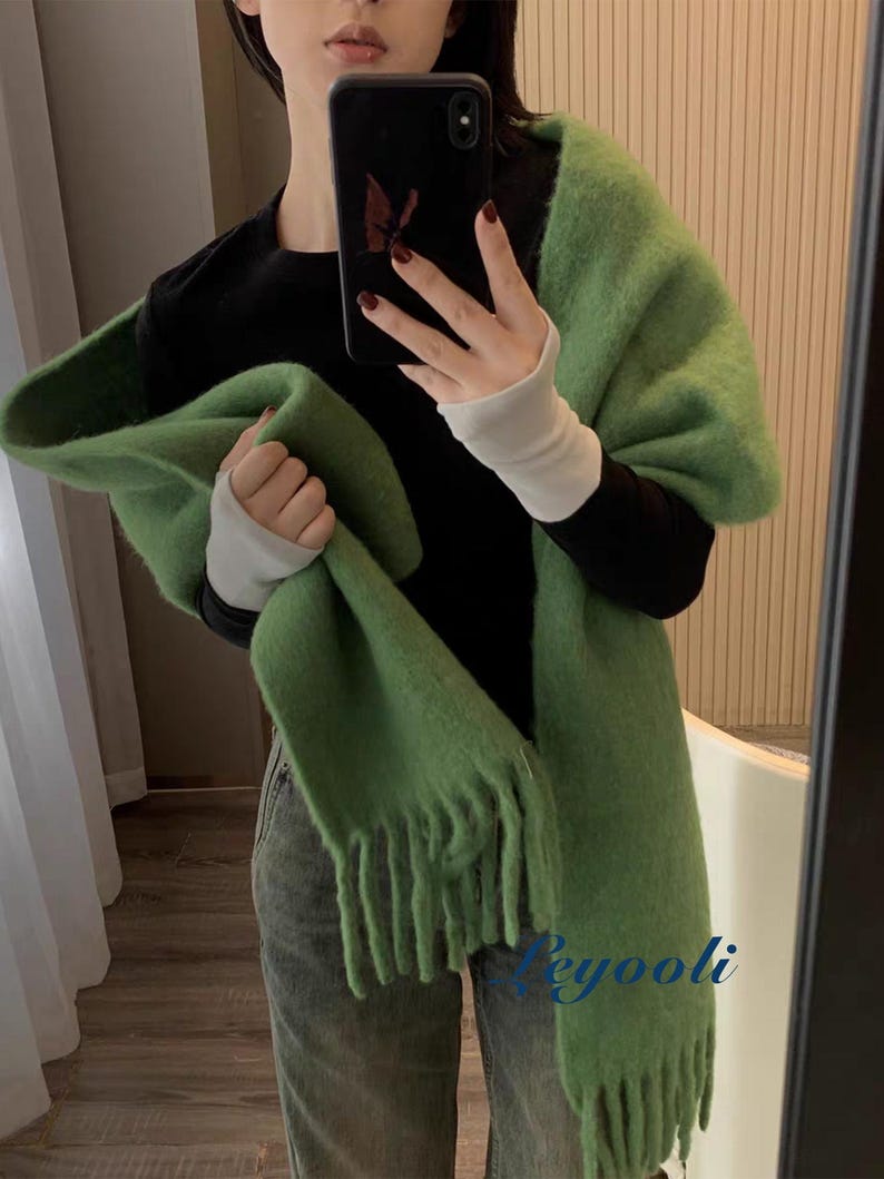 Green Wool Blend Fringe Scarf: Handmade Winter Mohair Feel Shawl