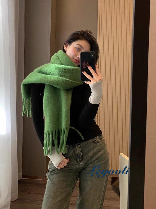 Green Wool Blend Fringe Scarf: Handmade Winter Mohair Feel Shawl