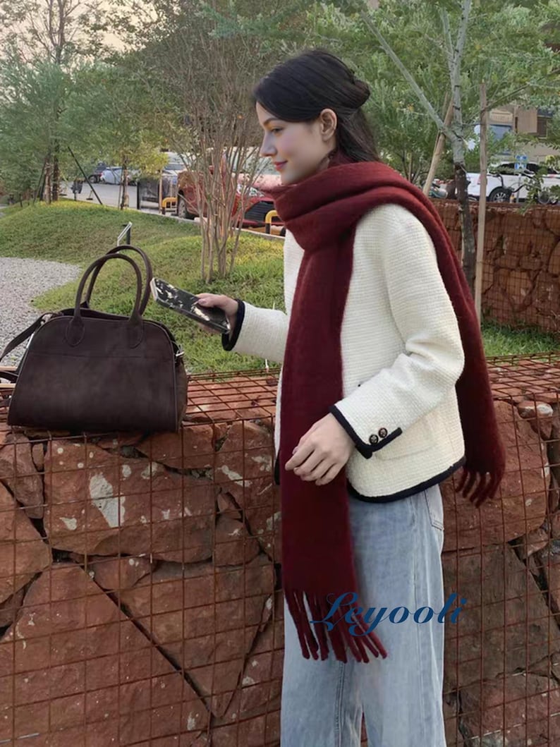 Burgundy Wool Blend Scarf: Soft Mohair Feel Winter Shawl