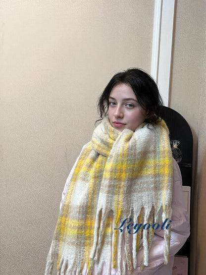 Yellow Plaid Mohair Blend Scarf: Soft Fluffy Winter Shawl