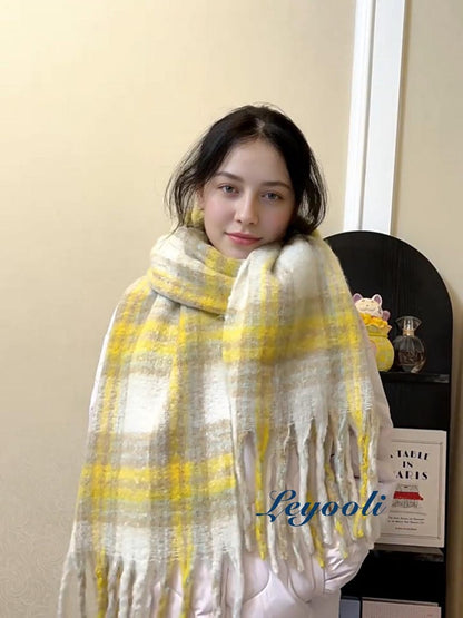 Yellow Plaid Mohair Blend Scarf: Soft Fluffy Winter Shawl