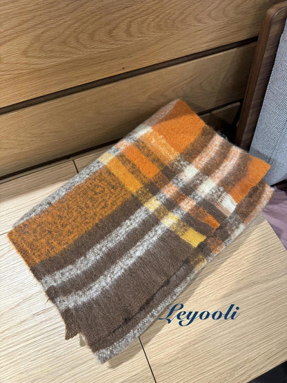 Orange Brown Plaid Mohair Scarf: Cozy Winter Accessory