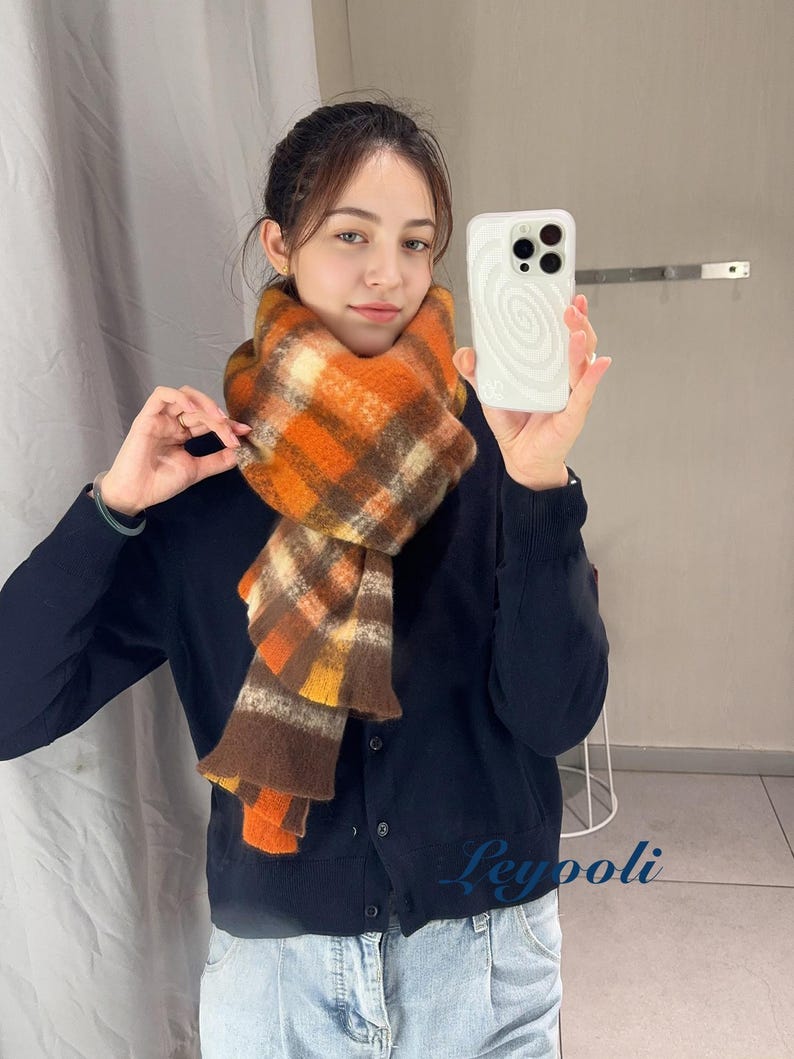Orange Brown Plaid Mohair Scarf: Cozy Winter Accessory