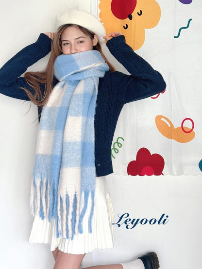 Sky Blue Mohair Plaid Scarf: Cozy Winter Wrap