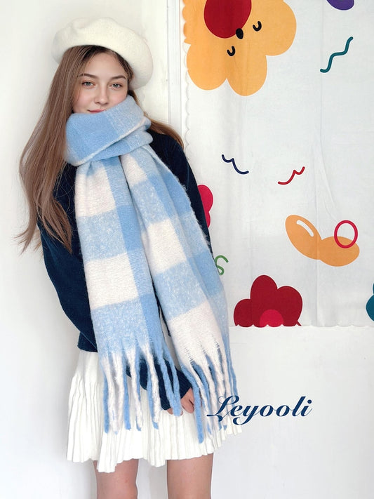 Sky Blue Mohair Plaid Scarf: Cozy Winter Wrap