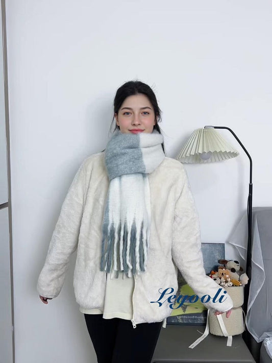 Gray White Plaid Mohair Scarf - Elegant Cozy Winter Wrap