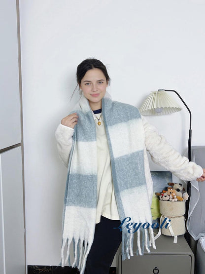 Gray White Plaid Mohair Scarf - Elegant Cozy Winter Wrap