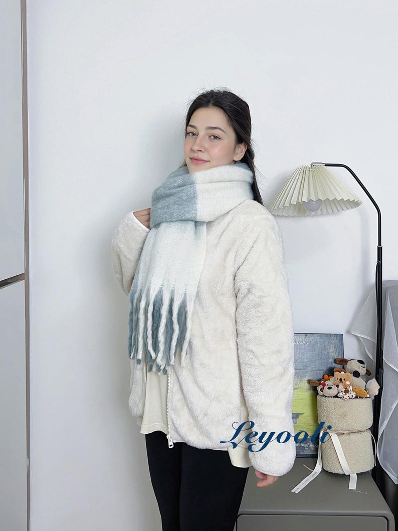 Gray White Plaid Mohair Scarf - Elegant Cozy Winter Wrap