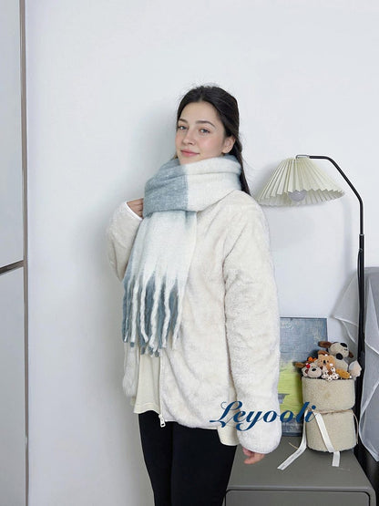 Gray White Plaid Mohair Scarf - Elegant Cozy Winter Wrap