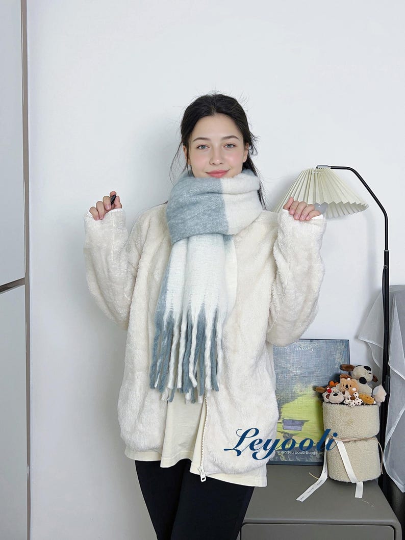 Gray White Plaid Mohair Scarf - Elegant Cozy Winter Wrap