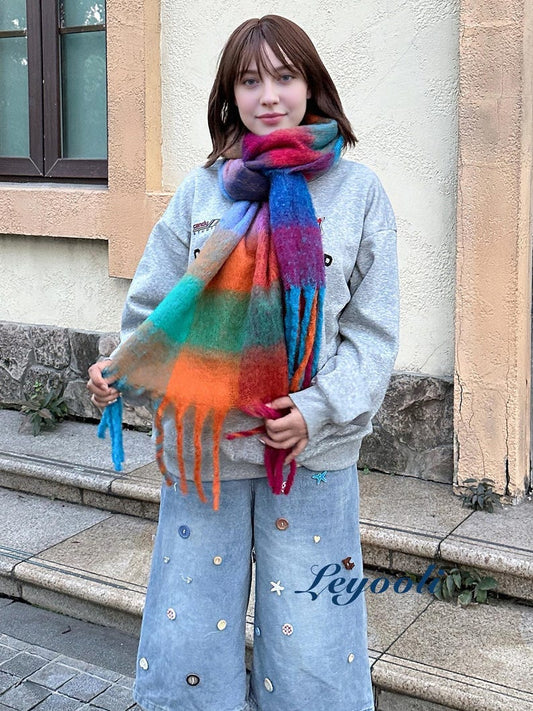 Rainbow Plaid Mohair Scarf, Colorful Checked Scarf, Winter Statement Wrap, Bright Gift for Her