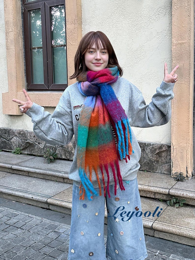 Rainbow Plaid Mohair Scarf, Colorful Checked Scarf, Winter Statement Wrap, Bright Gift for Her