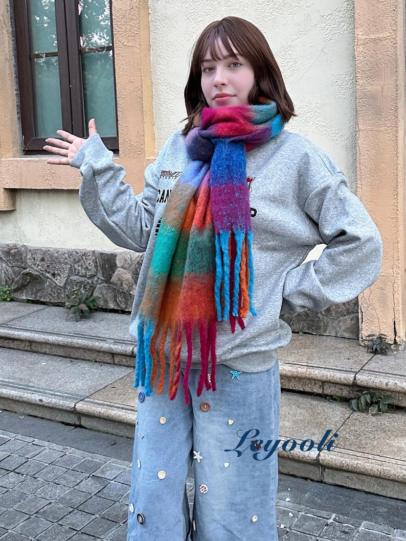 Rainbow Plaid Mohair Scarf, Colorful Checked Scarf, Winter Statement Wrap, Bright Gift for Her