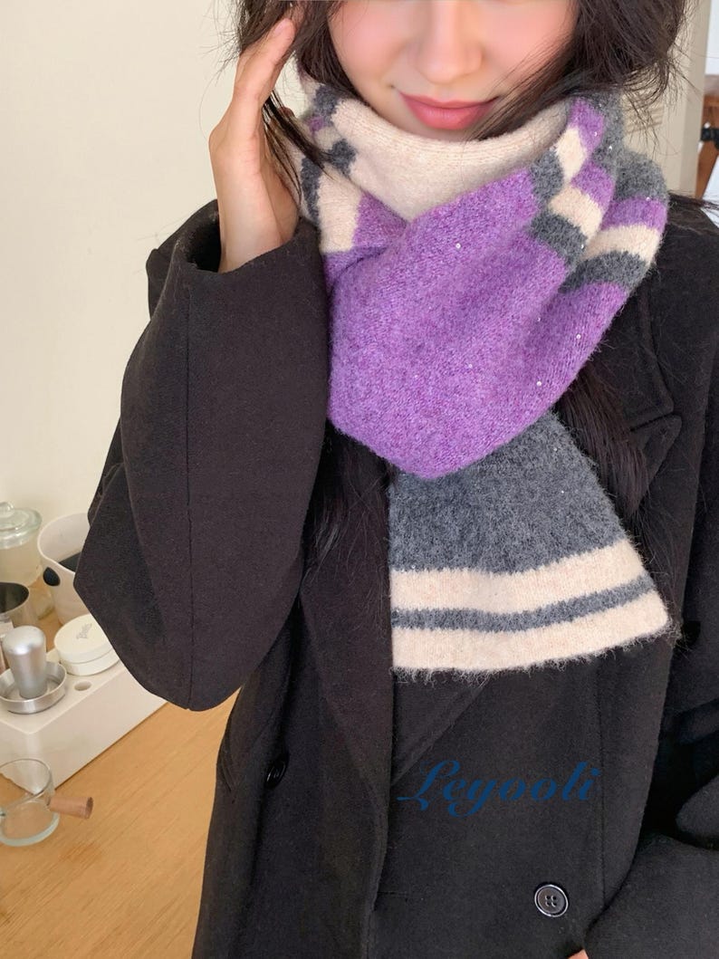 Handmade Mohair Scarf, Purple Grey Striped Knit, Winter Scarf