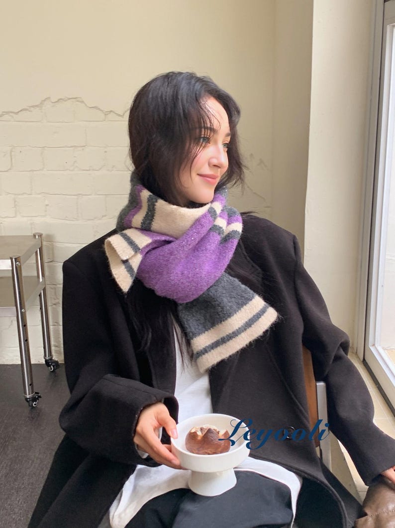 Handmade Mohair Scarf, Purple Grey Striped Knit, Winter Scarf