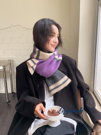 Handmade Mohair Scarf, Purple Grey Striped Knit, Winter Scarf
