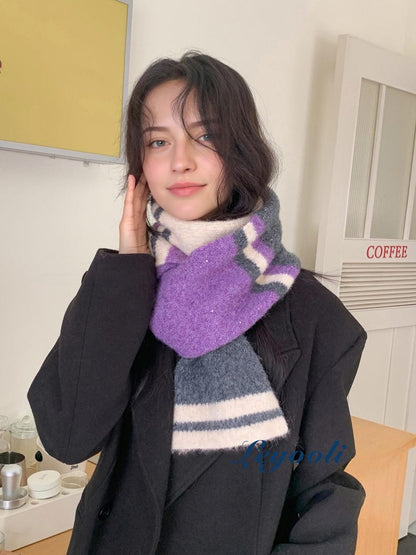 Handmade Mohair Scarf, Purple Grey Striped Knit, Winter Scarf