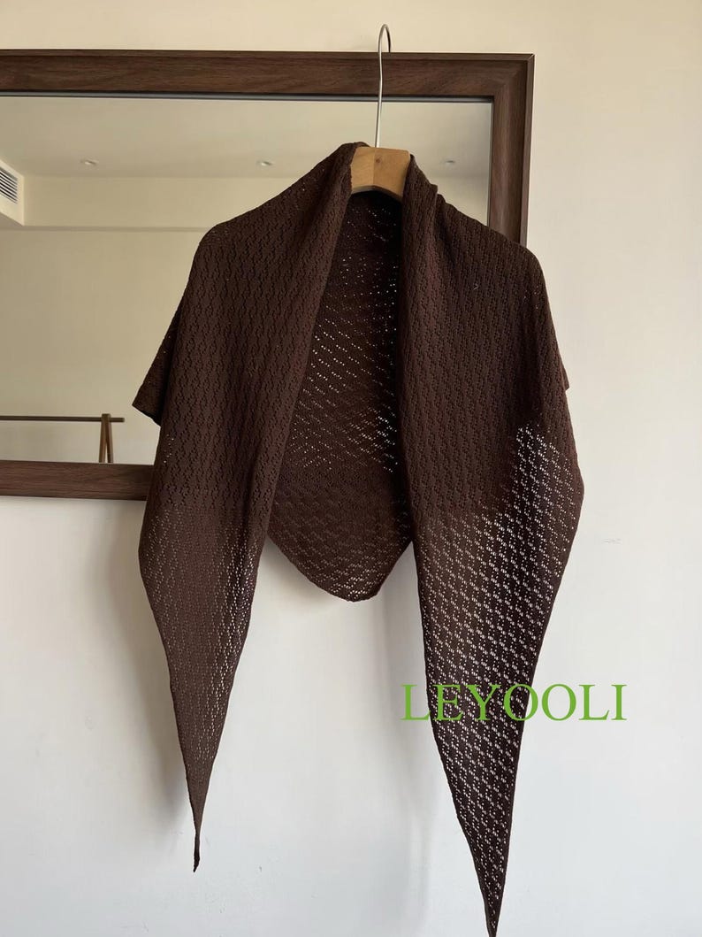 Brown Knit Triangle Lace Shawl, Handmade Coffee Wrap