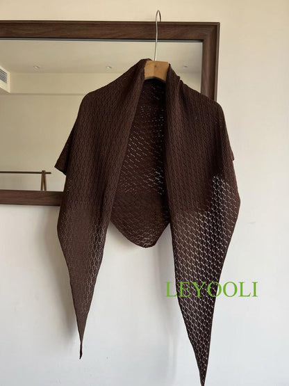 Brown Knit Triangle Lace Shawl, Handmade Coffee Wrap