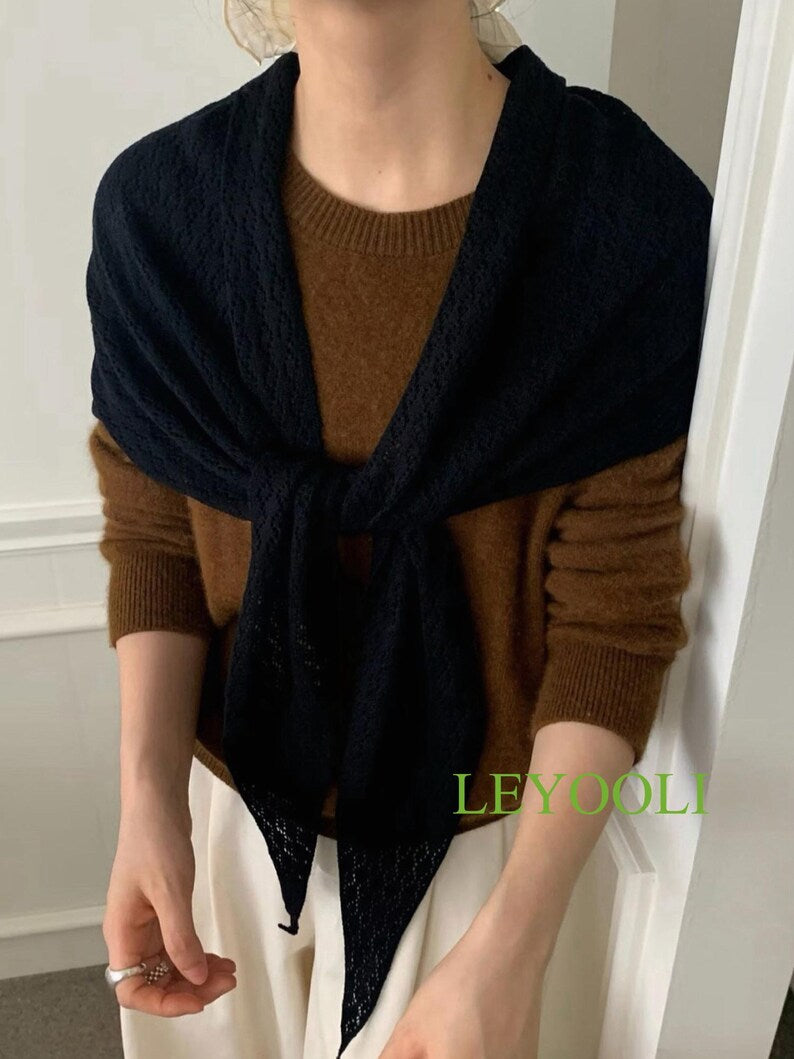 Black Knit Lace Triangle Scarf, Handmade Shawl