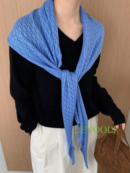 Blue Knit Lace Triangle Scarf, Handmade Shawl, Elegant Wrap