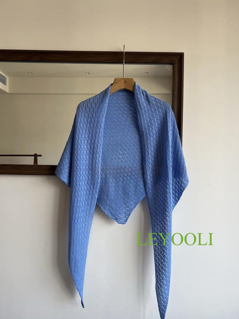 Blue Knit Lace Triangle Scarf, Handmade Shawl, Elegant Wrap