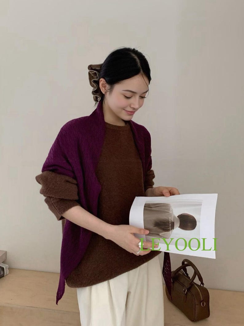 Handmade Plum Knit Triangle Scarf, Lace Shawl, Lightweight Wrap