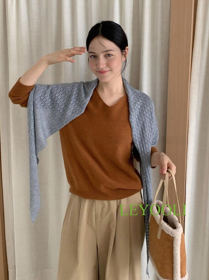 Light Gray Knit Triangle Scarf, Handmade Lace Shawl, Elegant Wrap