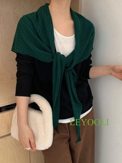 Handmade Dark Green Knit Triangle Scarf, Lace Shawl Wrap