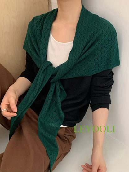 Handmade Dark Green Knit Triangle Scarf, Lace Shawl Wrap