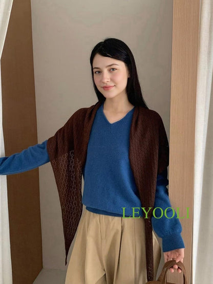 Brown Knit Triangle Lace Shawl, Handmade Coffee Wrap