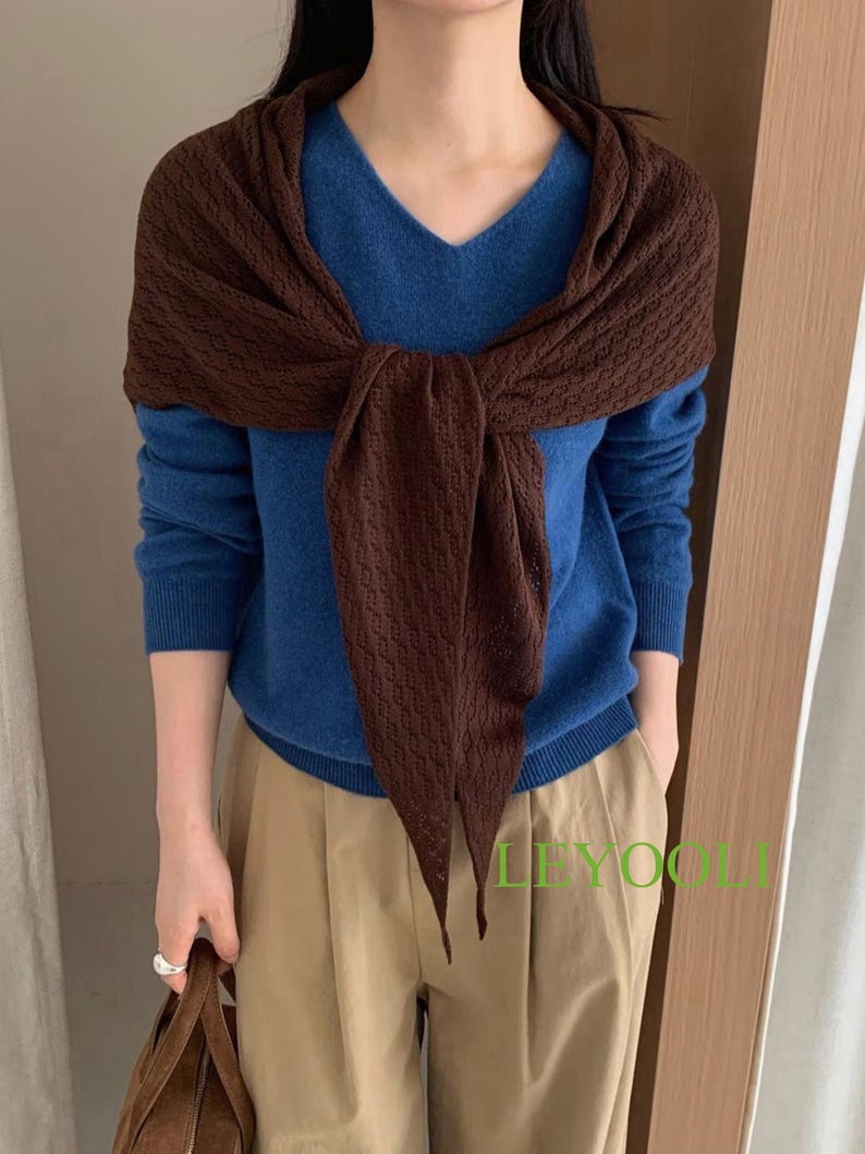 Brown Knit Triangle Lace Shawl, Handmade Coffee Wrap