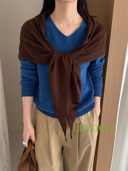 Brown Knit Triangle Lace Shawl, Handmade Coffee Wrap