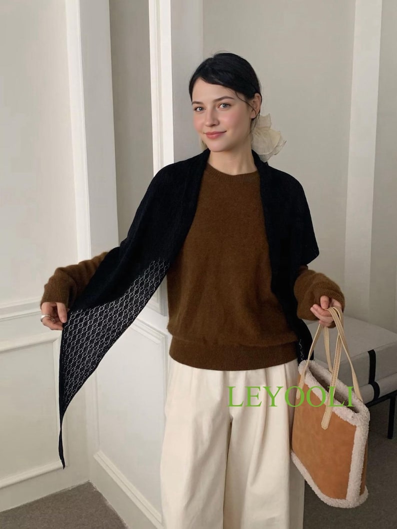 Black Knit Lace Triangle Scarf, Handmade Shawl