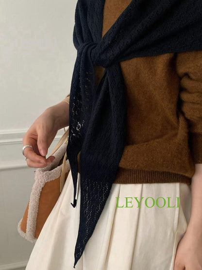 Black Knit Lace Triangle Scarf, Handmade Shawl