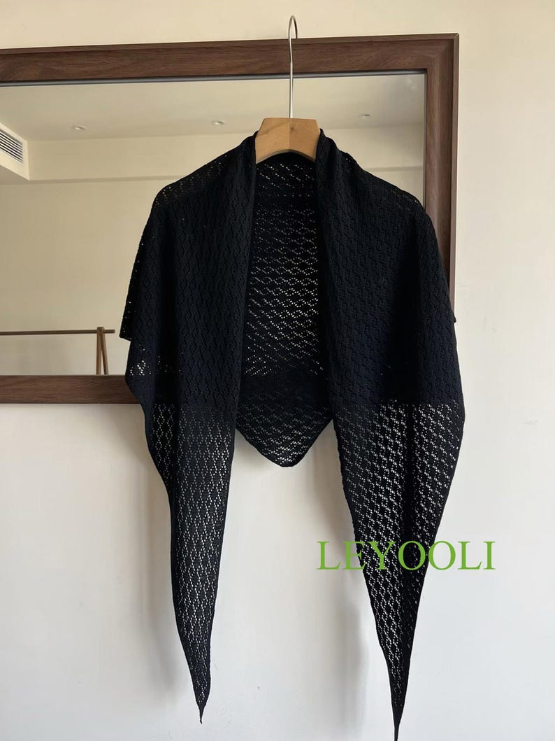 Black Knit Lace Triangle Scarf, Handmade Shawl