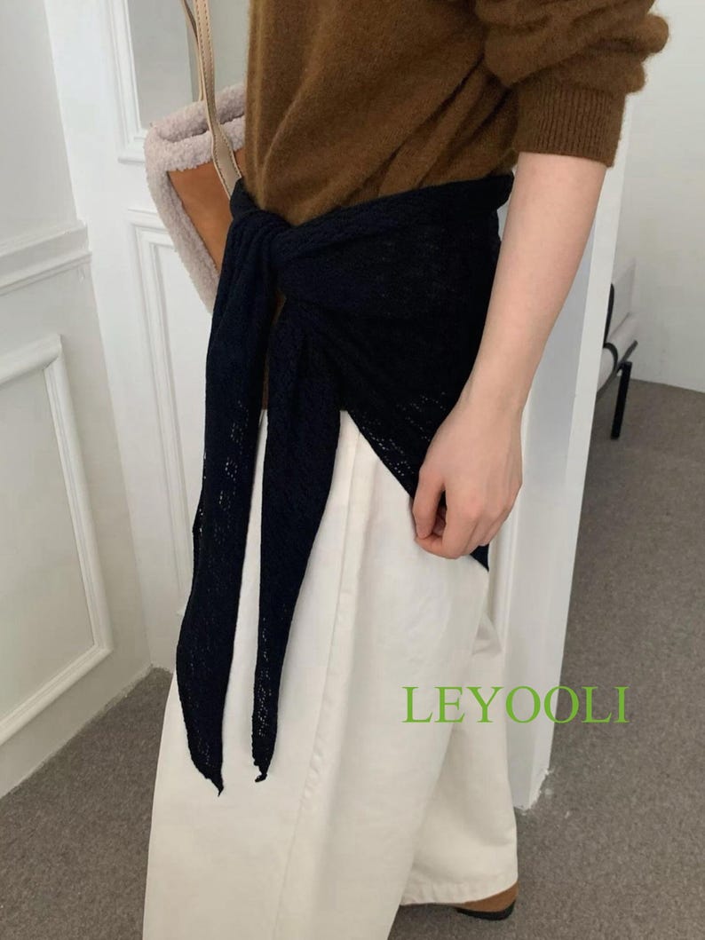 Black Knit Lace Triangle Scarf, Handmade Shawl